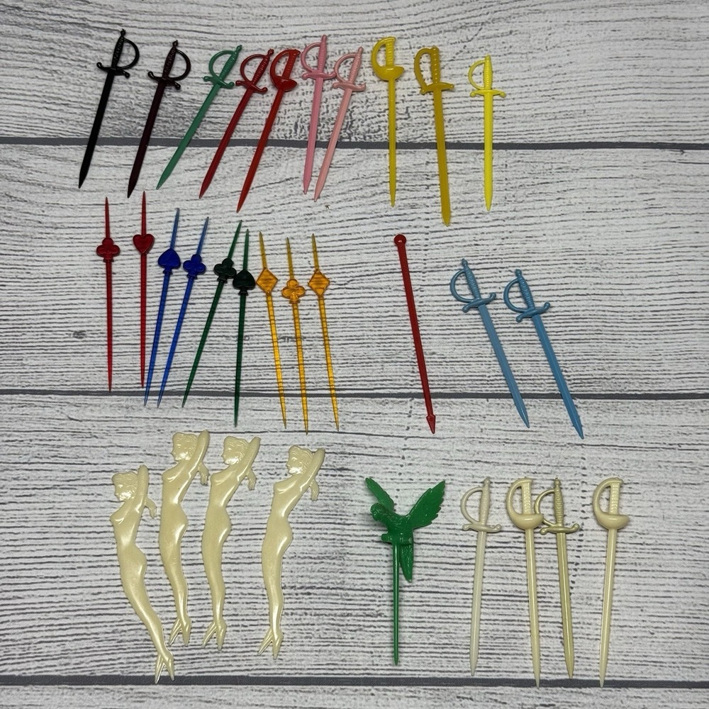 31 Vintage Plastic Hors D'oeuvres Cocktail Forks Swords Picks Mermaid Parrot